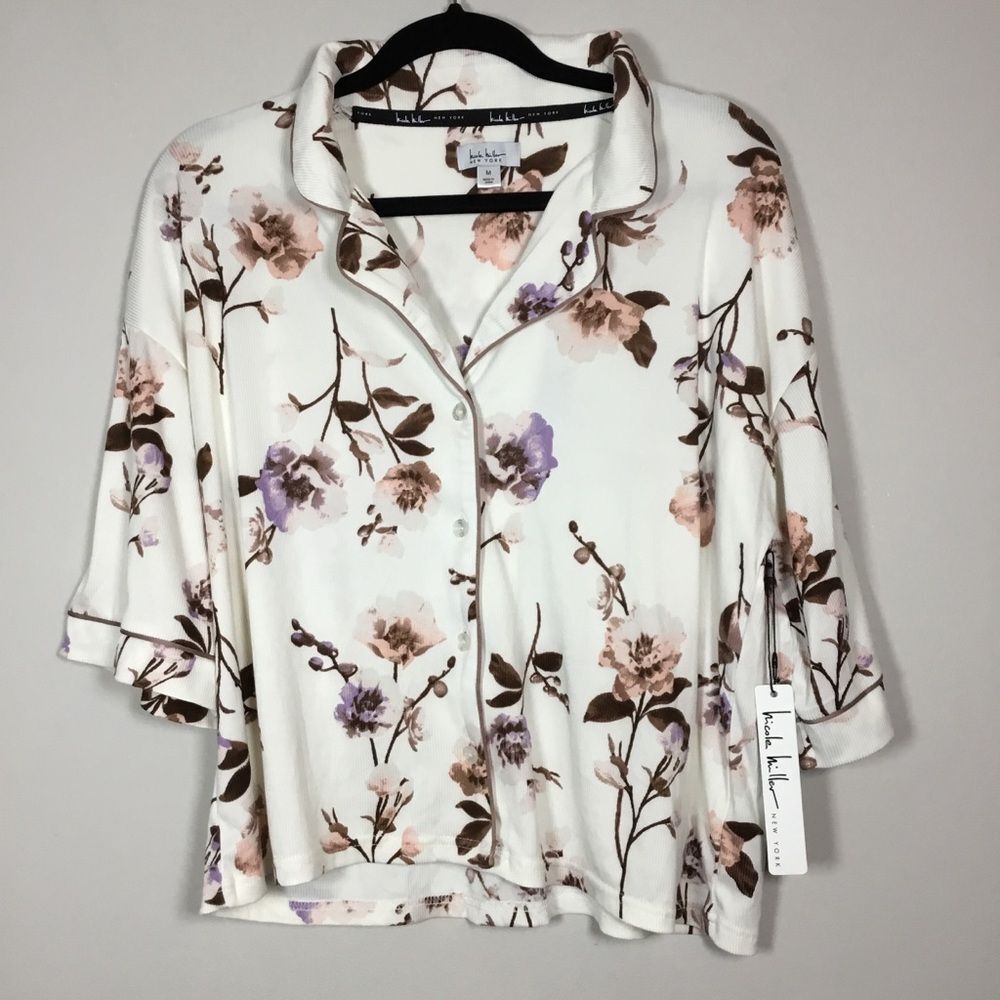 NWT Nicole Miller pajama top super soft cream with flowers size Medium